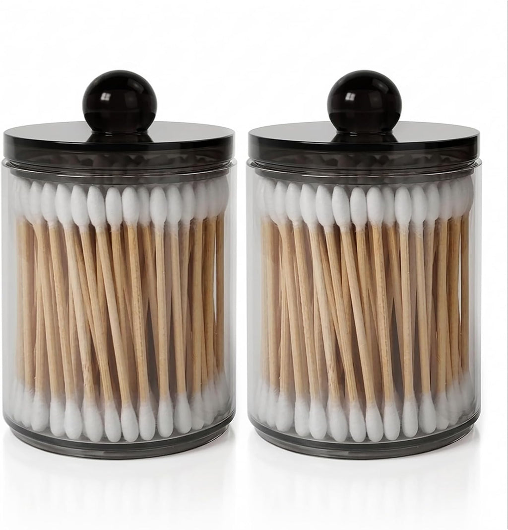 2-Pack Black Plastic Qtip and Cotton Swab Holder Dispenser Set for Bathroom Vanity Organization - Storage for Cotton Balls, Rounds, Floss Picks, Hair Clips
