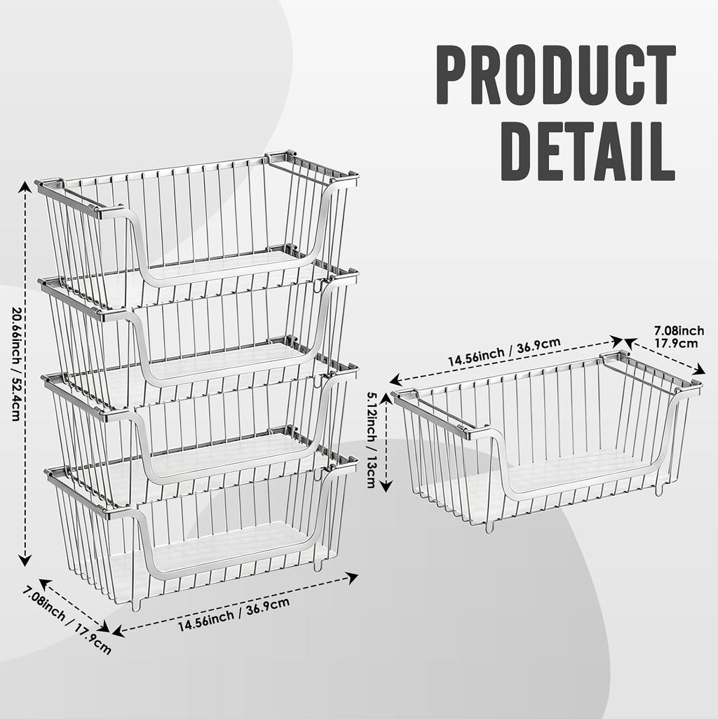 4 Pcs Stackable Wire Baskets for Pantry Organizers and Storage,silver