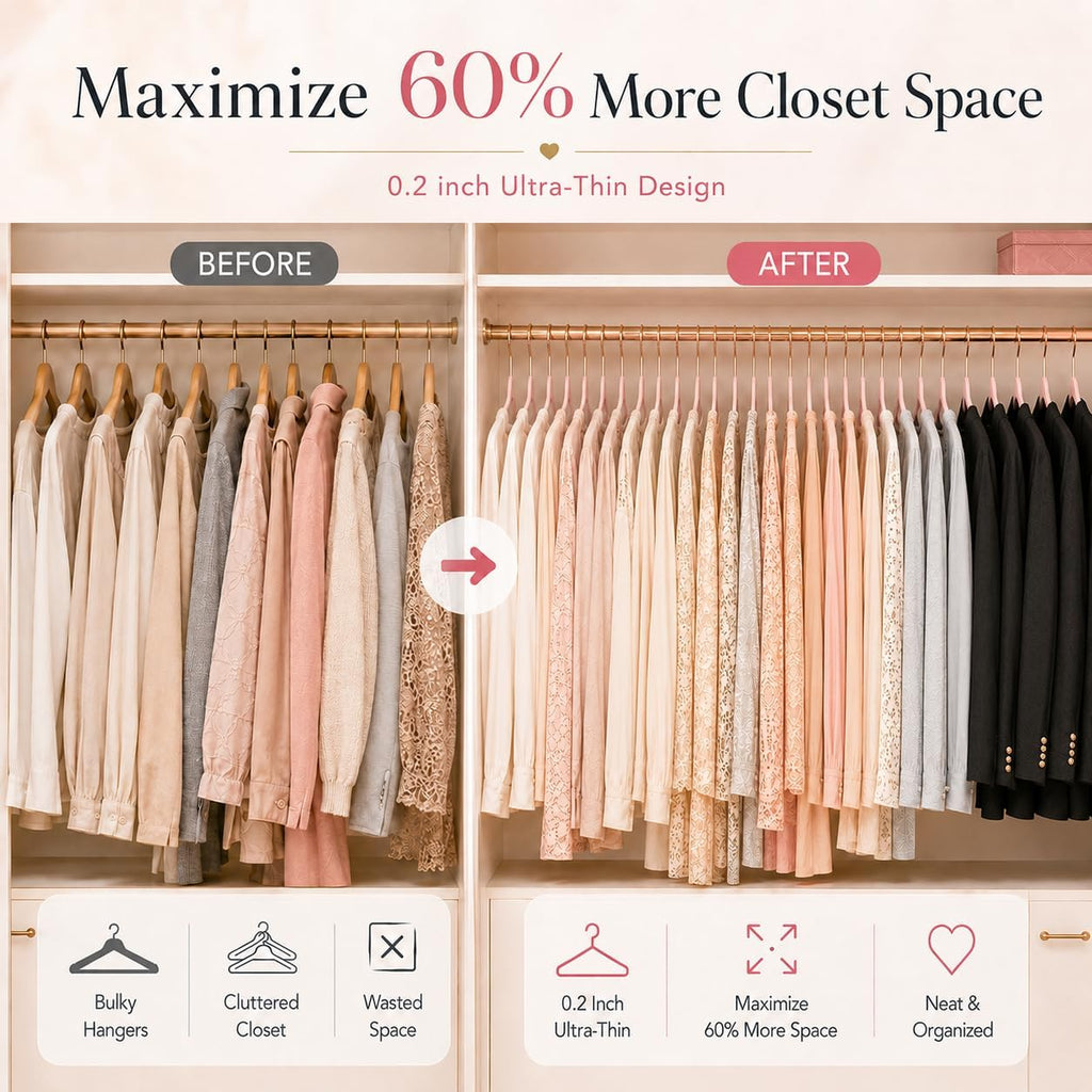 Smartor Pink Velvet Hangers 50 Pack, Non Slip Rose Gold Hook Felt Hangers