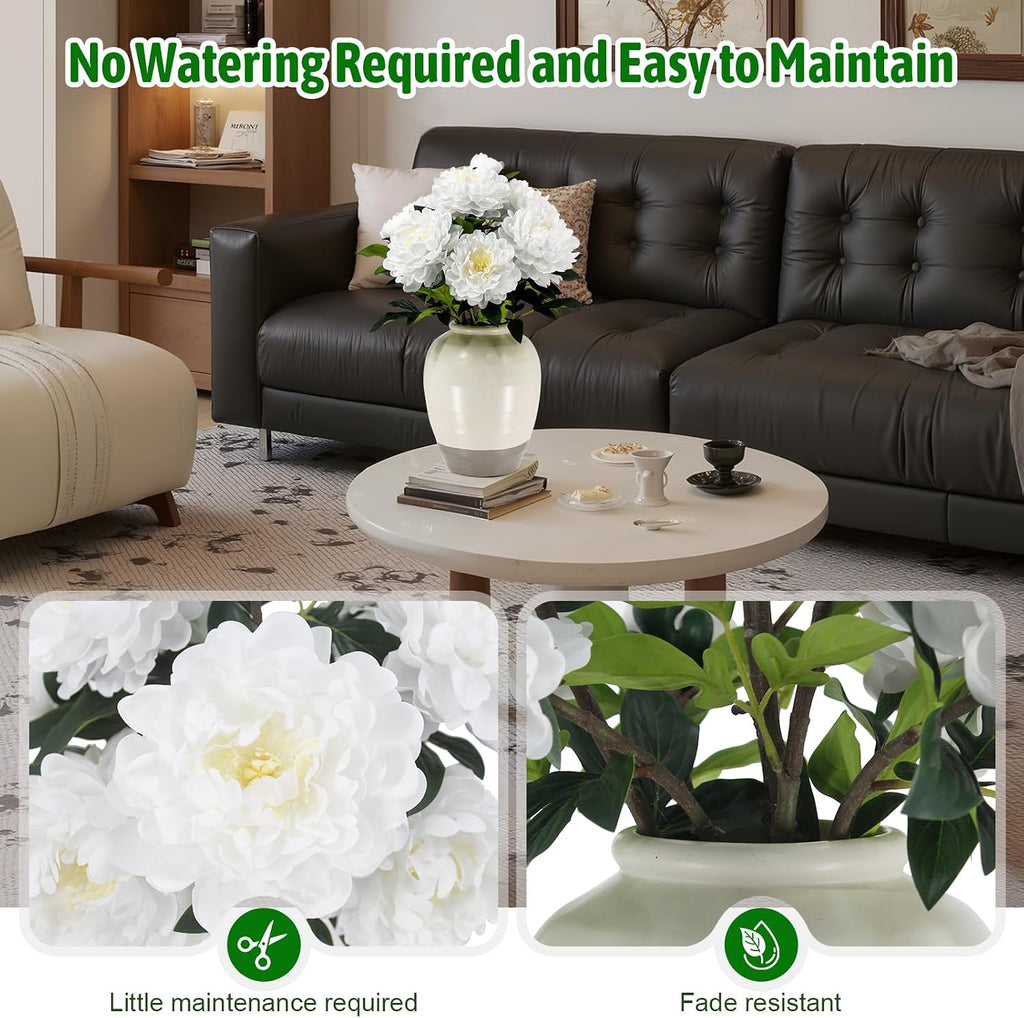 Faux Peony Plant 2FT Tall, Realistic Touch Leaves, Potted Peony Artificial Plants Indoor for Home Decor Small Office Home Living Room-White