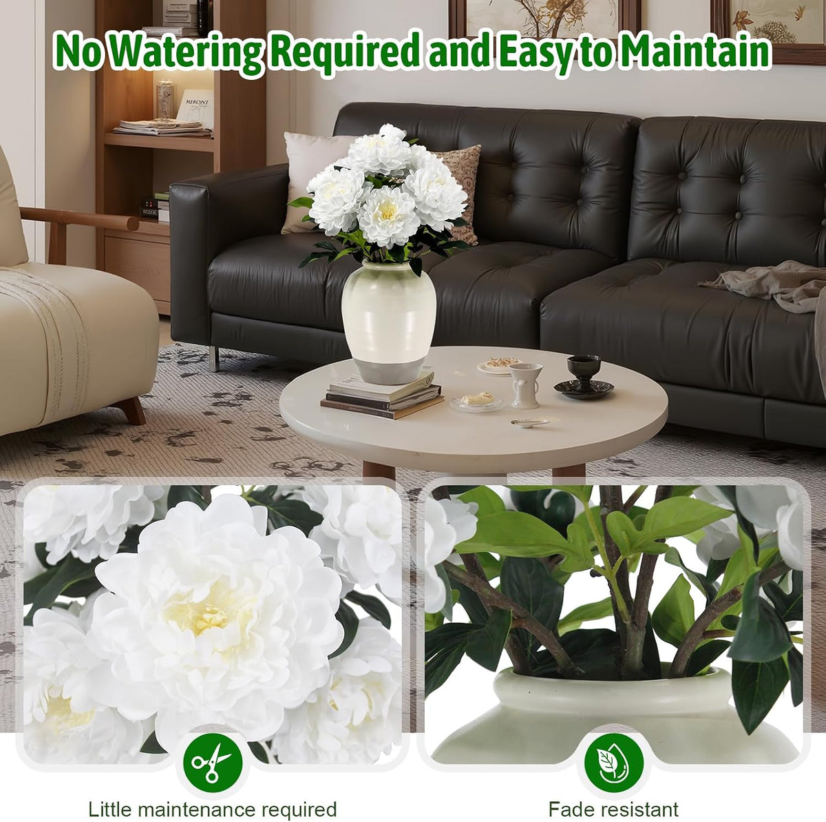Faux Peony Plant 2FT Tall, Realistic Touch Leaves, Potted Peony Artificial Plants Indoor for Home Decor Small Office Home Living Room-White