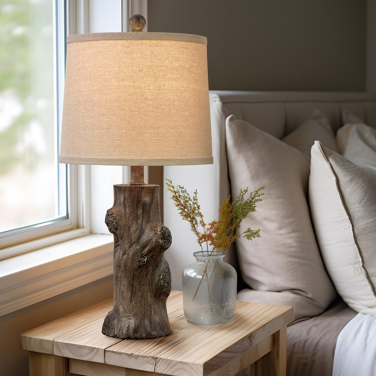 OYEARS 23"Resin Table Lamps for Living Room Set of 2 Country Cottage Farmhouse Lamp for Bedroom Tree Trunk Wood Grain with Oatmeal Fabric Round Shade Vintage Rustic Traditional Nightstand Bedside Lamp