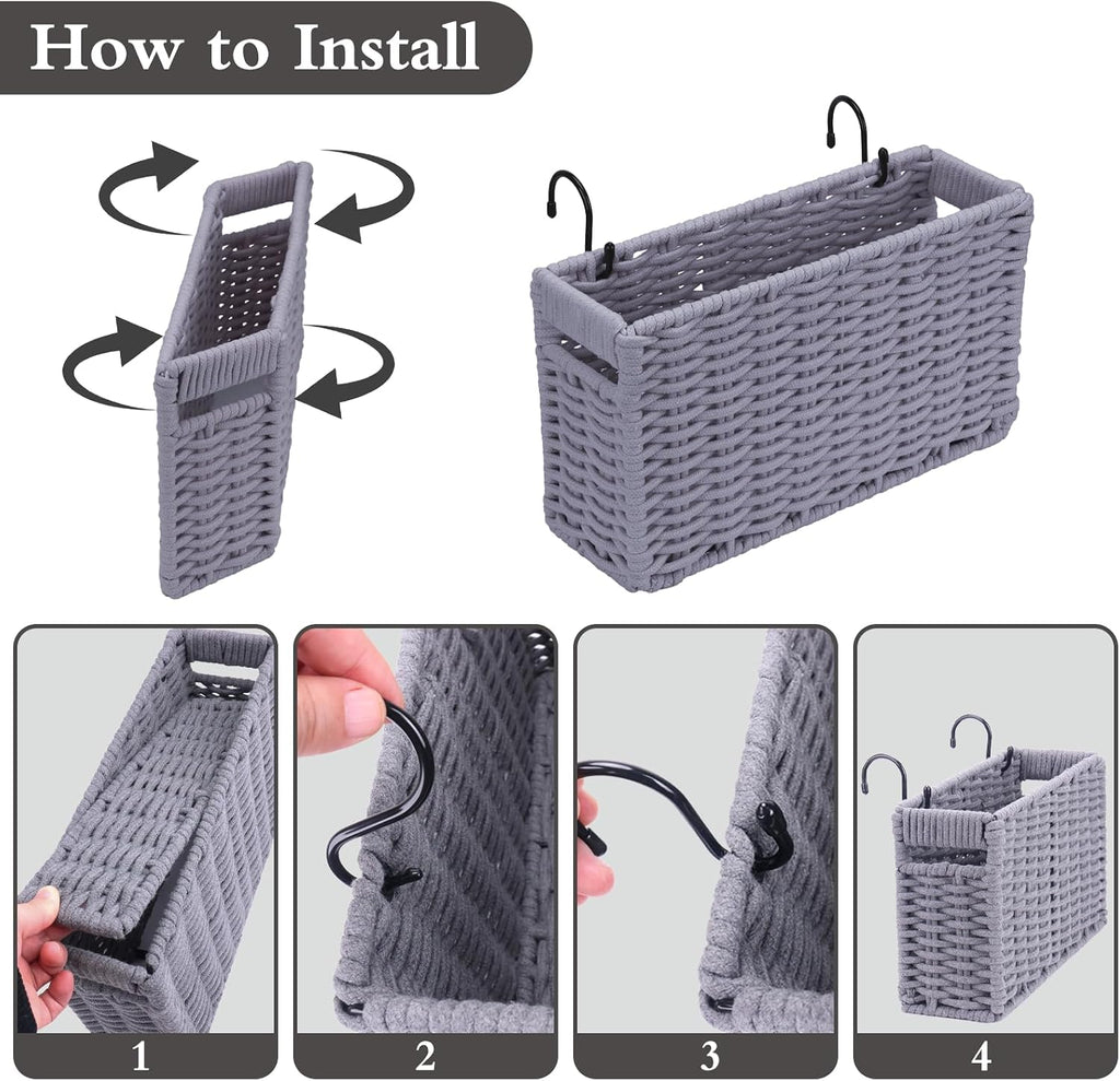 Cotton Rope Woven Bedside Caddy for Dorm Bed, Foldable Bedside Shelf Bunk Bed Accessories, College Dorm Room Essentials Hanging Organizers Storage Basket, Room Decor Magazine File Holder (Gray)