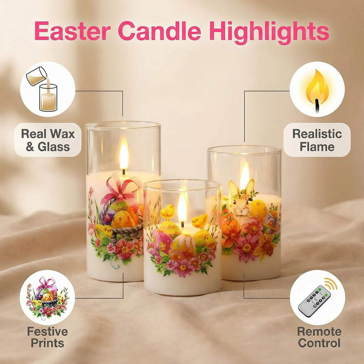 Eywamage Easter Glass Flameless Pillar Candles with Remote Set of 3