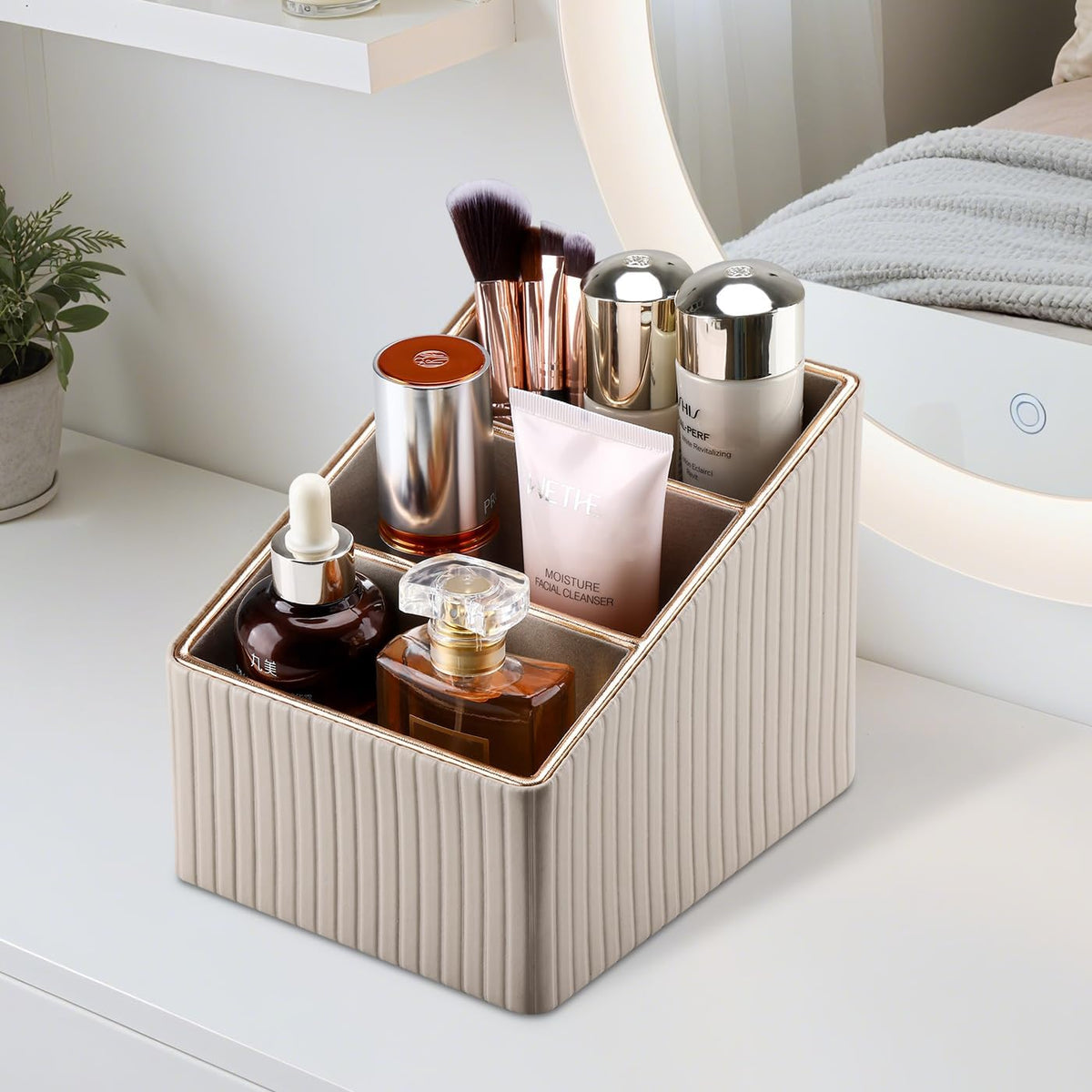 KINGFOM 3 Slot PU Leather Remote Controller Holder, Home Sundries Storage Box, TV Guide/Mail/CD Organizer/Caddy/Holder with Free Cable Desk Organizer (Dark Beige)