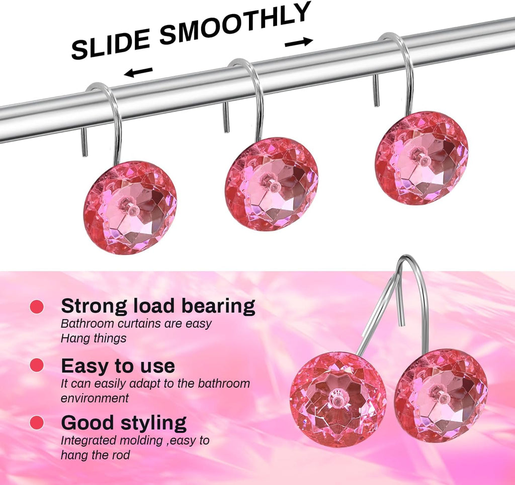 Pink Diamond Crystal Bling Shower Curtain Hooks Rings for Bathroom,12PCS