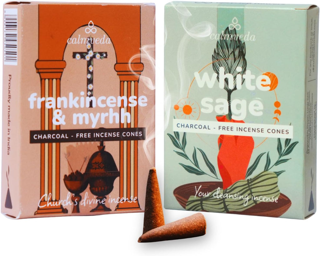 CALMVEDA White Sage & Frankincense Incense Cones 24-Pack, Spiritual Incense