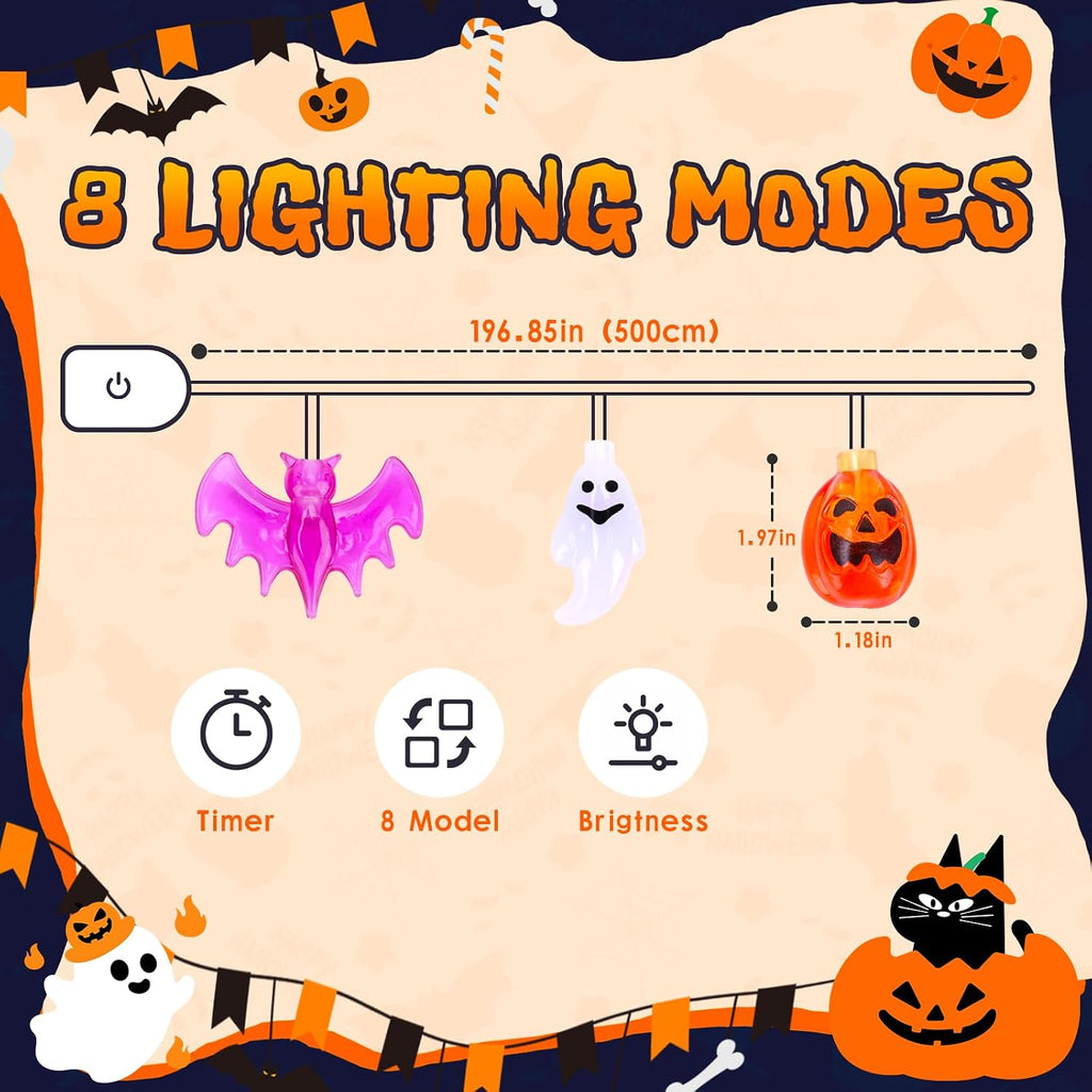 Halloween String Lights Indoor: 16.4 FT 30 LED Pumpkin Ghost Bats Lighted Decorations – 8 Modes Waterproof Timer for Window Porch House Room Bedroom Party Decor