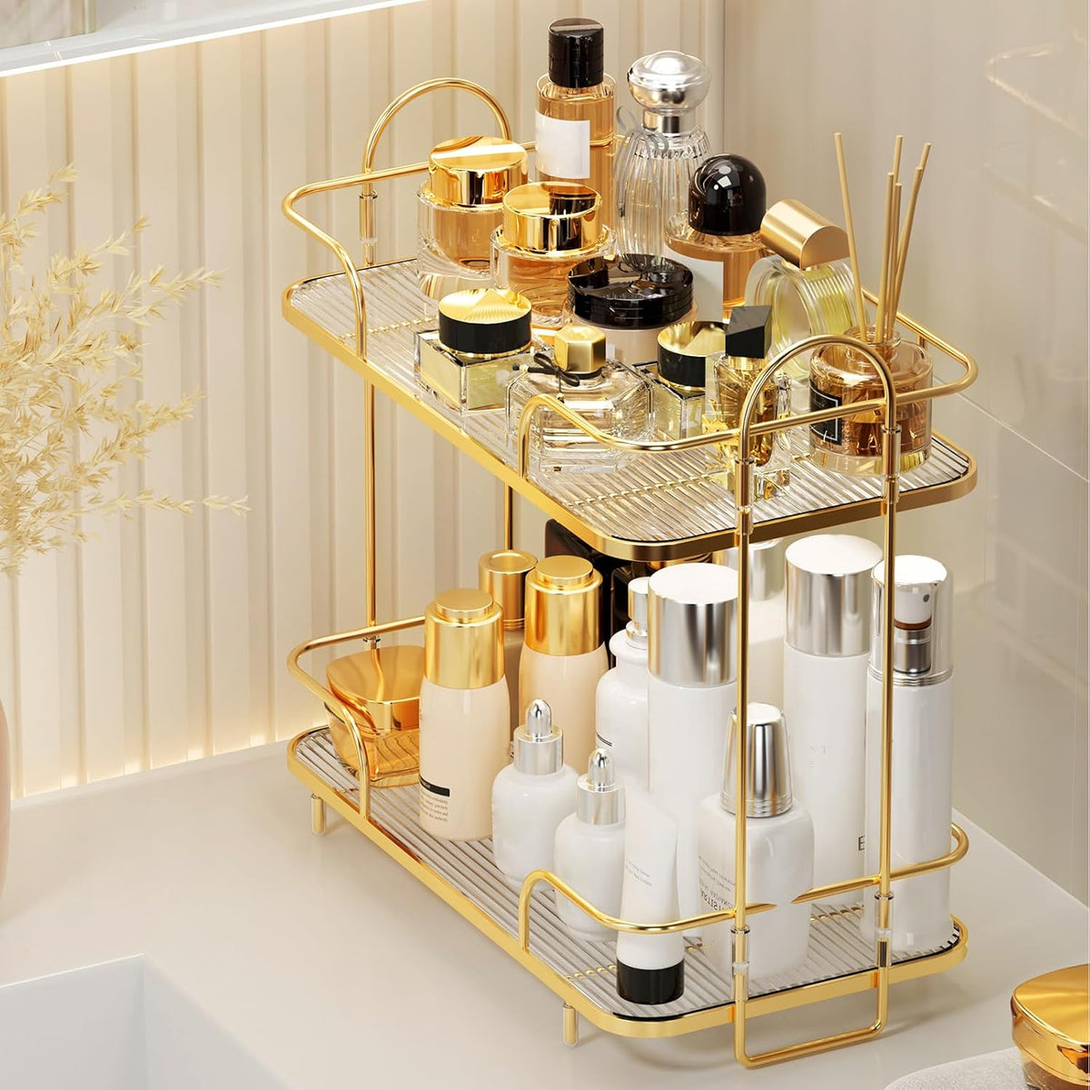 2 Tier Corner Bathroom Counter Organizer, Cosmetic Skincare Organizer, Bathroom Countertop Perfume Tray Vanity Organizer, Kitchen Spice Corner Storage Shelf
