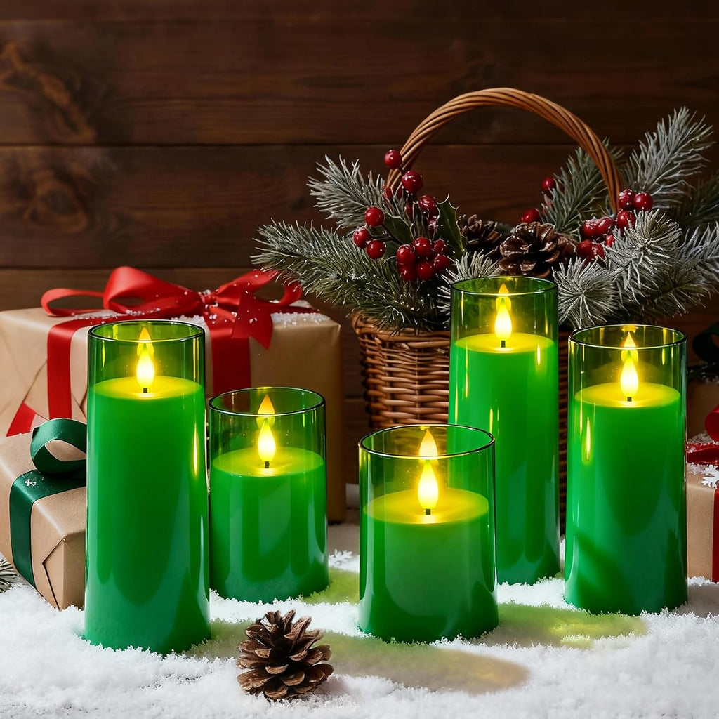 Raycare Battery Operated Flameless Pillar Candles with Remote Timer, Green