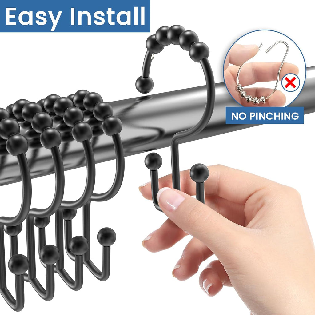 Shower Curtain Hooks Rings, Rust Proof Stainless Steel Shower Curtain Hooks Double Sided for Bathroom Shower Rods Curtains, Set of 12, Black