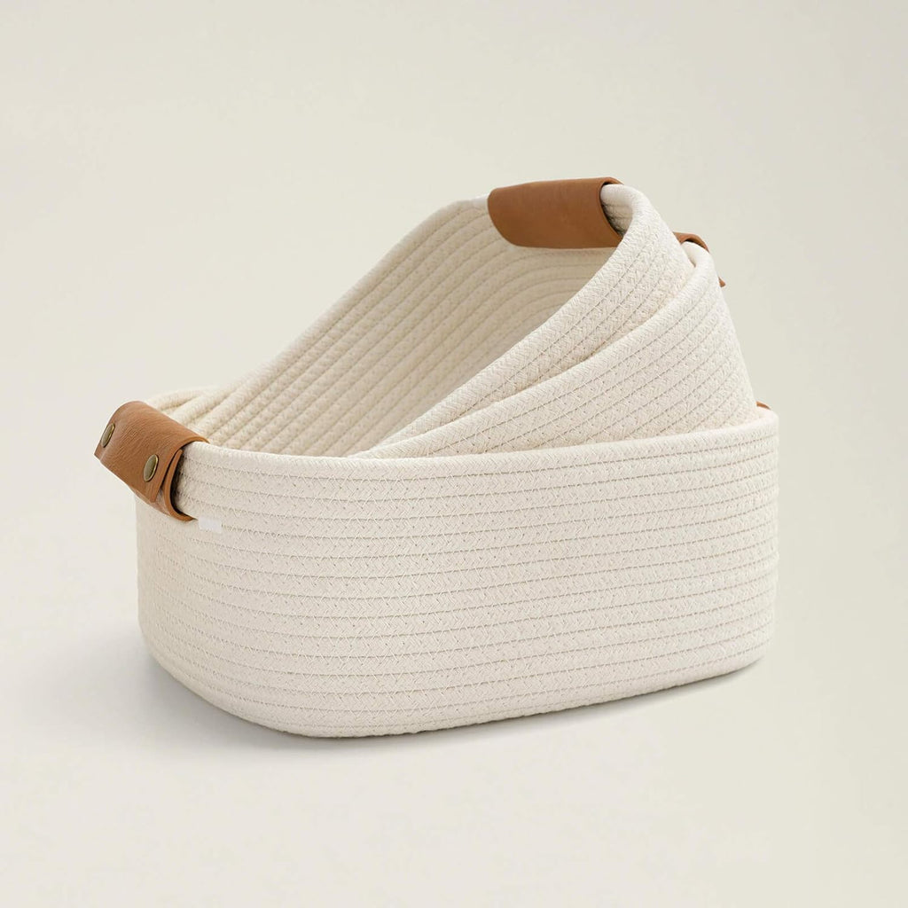 CHICVITA 3 Pack Woven Rope Gift Basket with Leather Handles, White