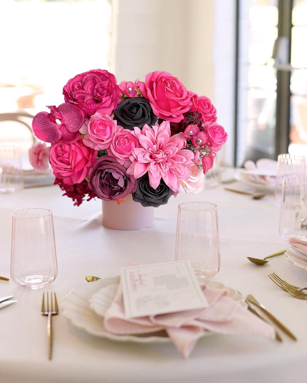 FACINOC Roses Artificial Flowers Fuchsia Pink Black Fake Flower Bouquet
