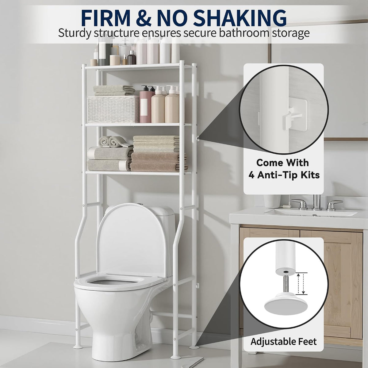 GloTika 3-Tier Over Toilet Storage Rack, Anti-Wobble, White