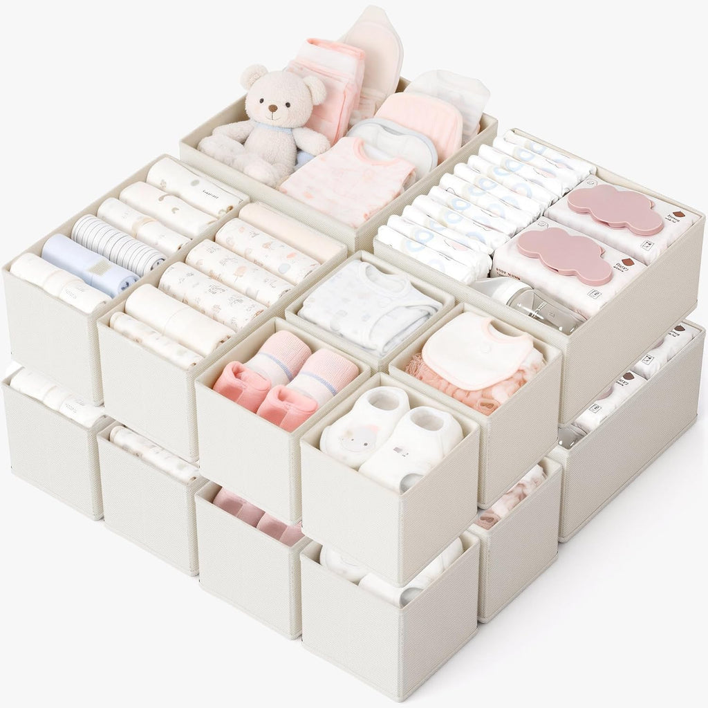 Drawer Organizer, 16 Pack Baby Dresser Organizer for Nursery, Foldable Closet Organizers and Storage Dresser Dividers for Clothes, Socks, Scarves, Ties (Ivory White)