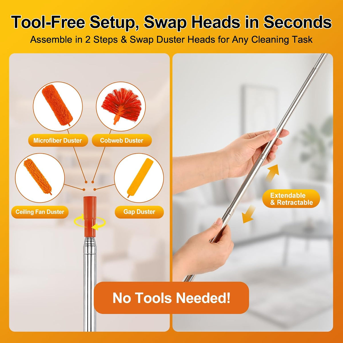 Tiumso 5-in-1 Duster with Extension Pole 100” Extendable Dusters for Cleaning Reusable Anti-Spin Dusting Kits for High Ceiling Fans, Cobwebs & Vents, Reinforced Stainless Steel Telescopic Handle