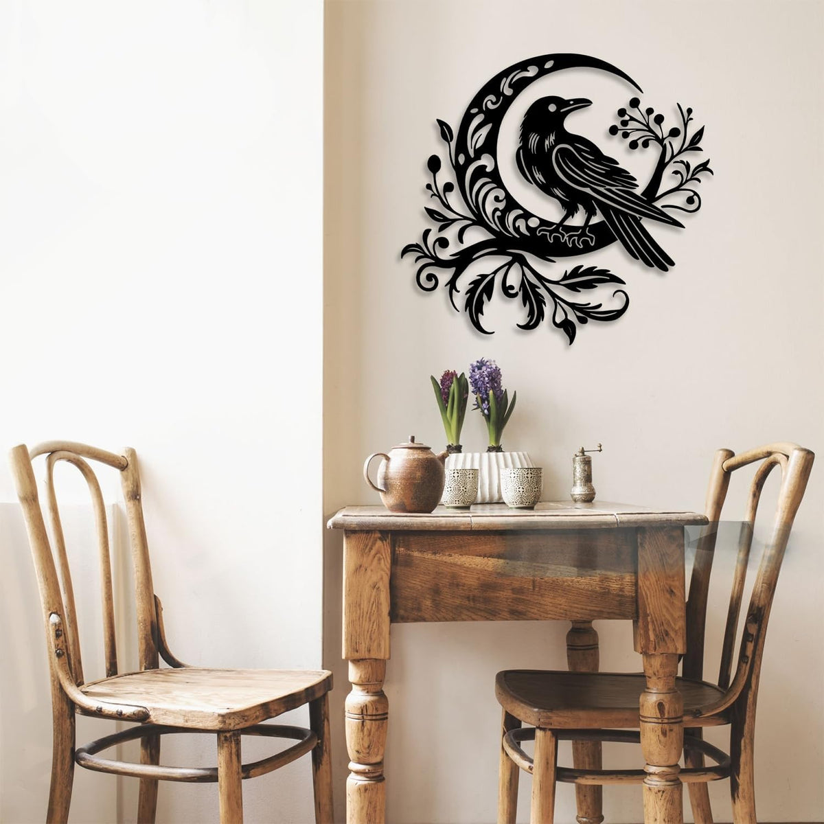 LIYOUYA Crow Moon Flower Metal Wall Decor - Nordic Gothic Style Room Decor Black Wall Art Home Decor for Living Room, Bathroom, Bedroom, Dining Room (Black)