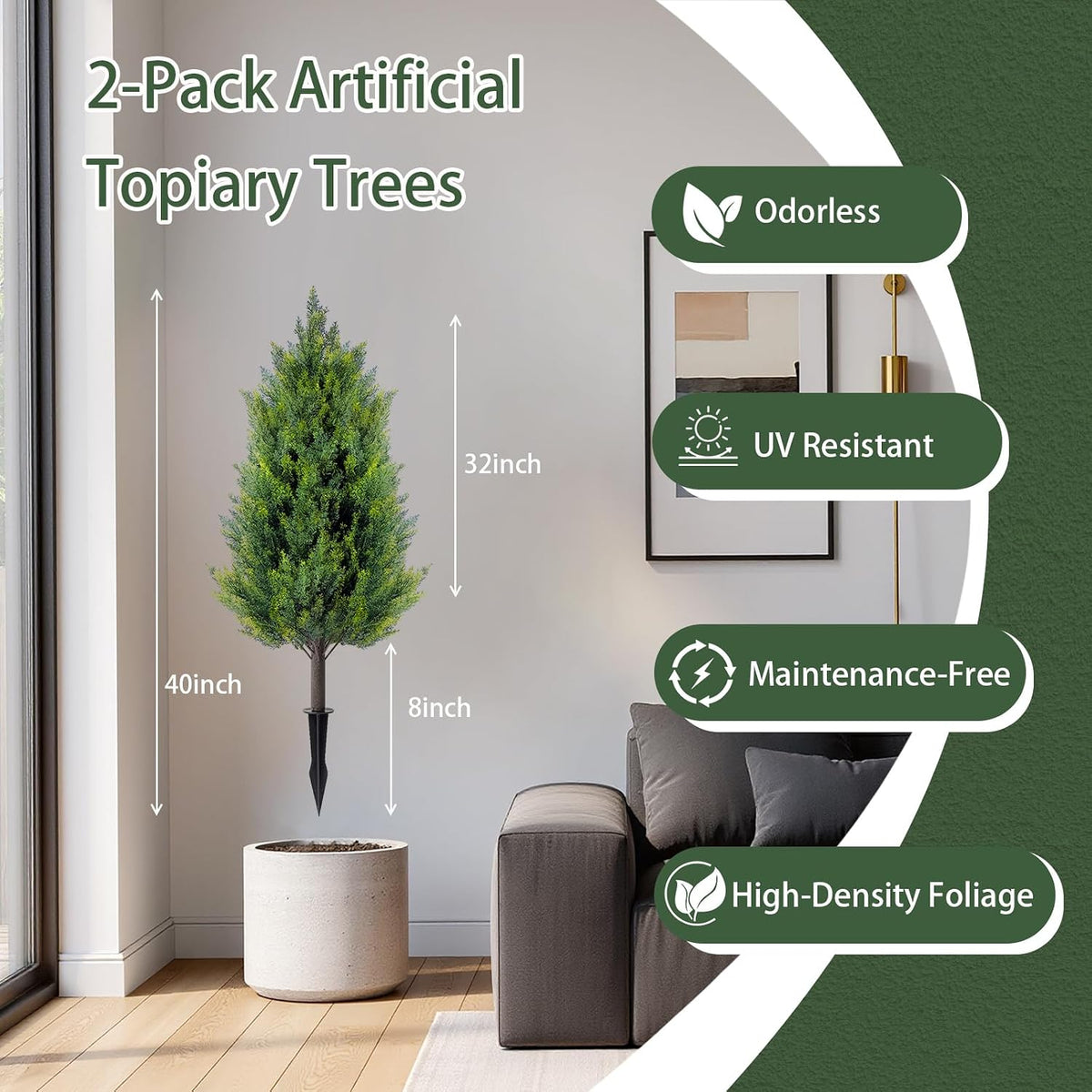 2 Pack 3FT Artificial Cedar Topiary Trees with Ground Spike, Realistic Fake Plants Tree UV Resistant Artificial Plants Indoor Outdoor Faux Plants Evergreen Bushes Shrubs for Porch Garden Office