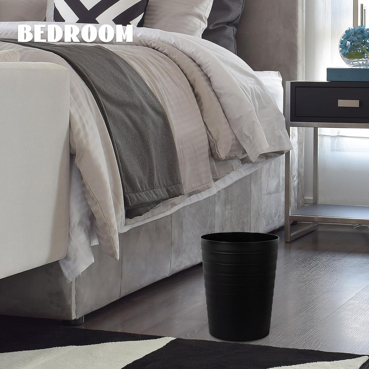 UUJOLY Small Bathroom Trash Can Wastebasket, Plastic Garbage Bin Container Basket for Bathrooms, Laundry Room, Kitchens, Offices, Kids Rooms, Dorms, Black, 1.8 Gallon