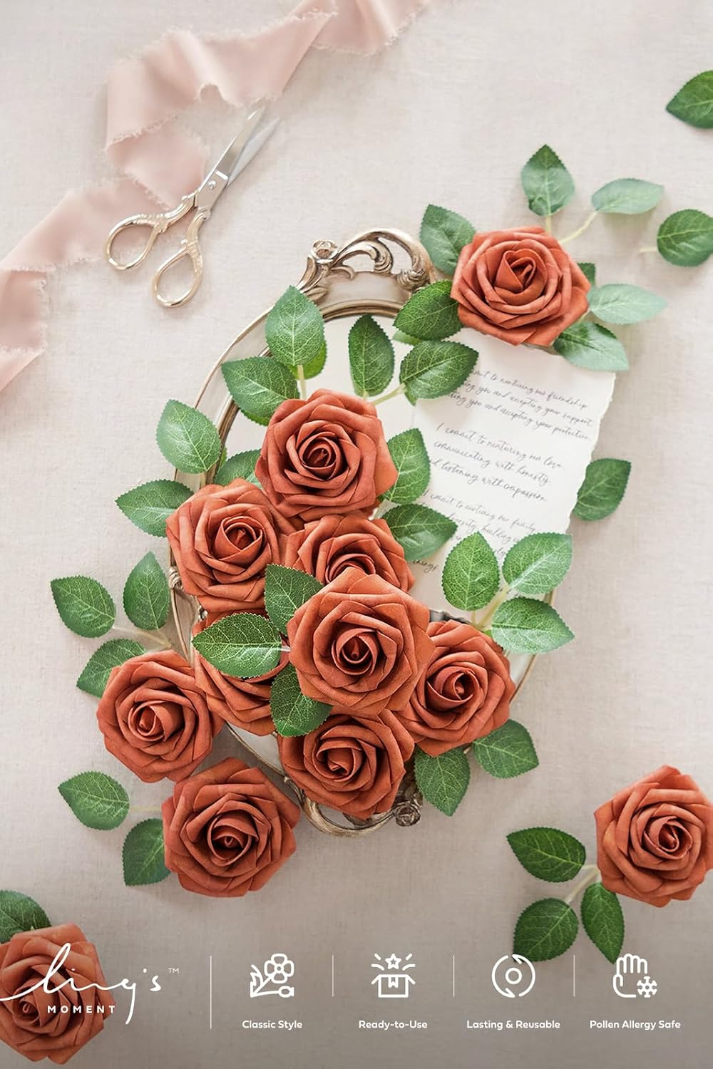 Ling's moment Artificial Flowers 25Pcs Burnt Orange Roses Decor w/Stems