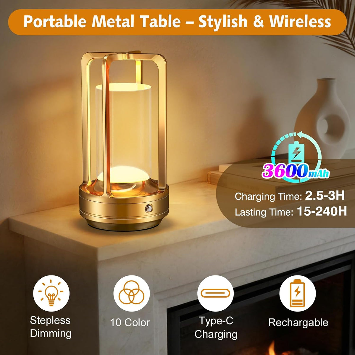 Portable Table Lamp for Outdoor Indoor Cordless Lamp with 10 RGB Colors