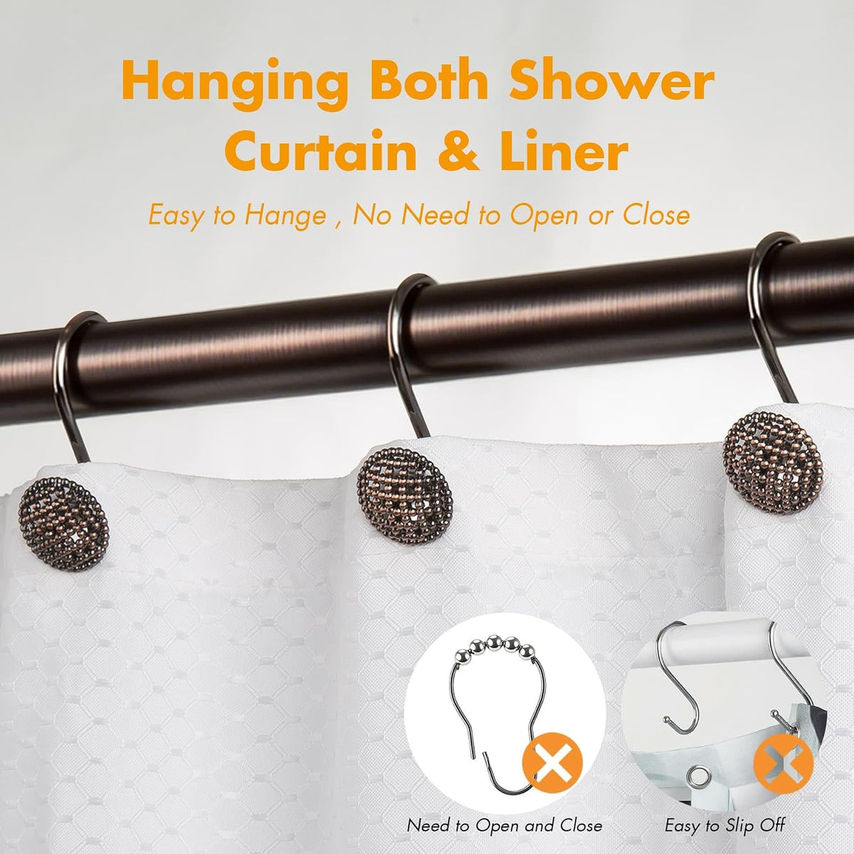 Pearlbee Bronze Shower Curtain Hooks, 12pcs,