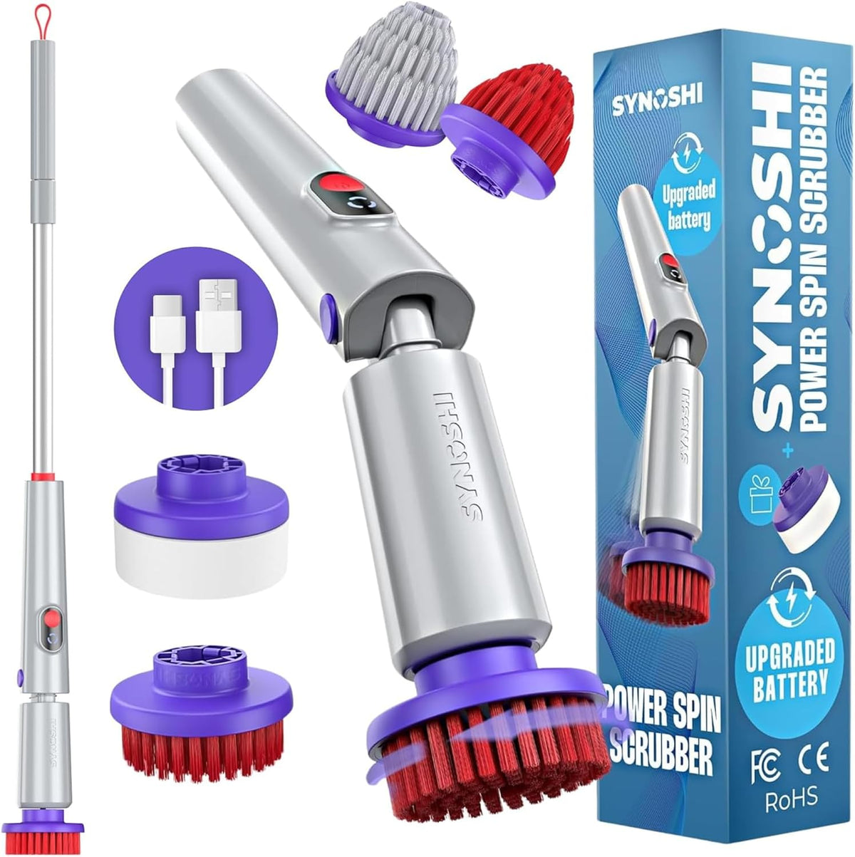 Synoshi PRO Electric Spin Scrubber with Long Handle & Cone Brush Heads