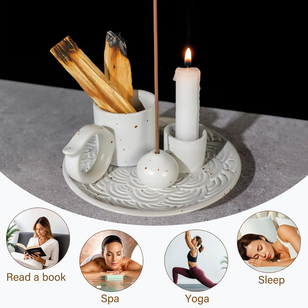 5 in 1 Ceramic Palo Santo Burner Holder for Sage, Incense Sticks & Candle