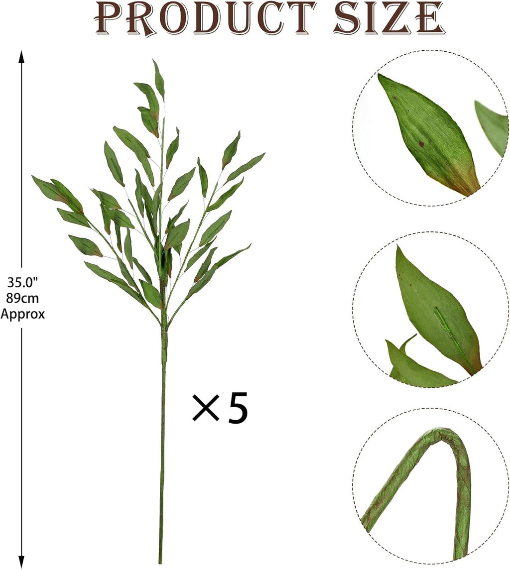 5 Pcs Artificial Fall Eucalyptus Leaves Greenery Stems for Home Vase Decor, 35" Fake Leaf Branches Plants for Autumn Floral Arrangements, Wedding, Thanksgiving & Party Table Centerpieces, Green
