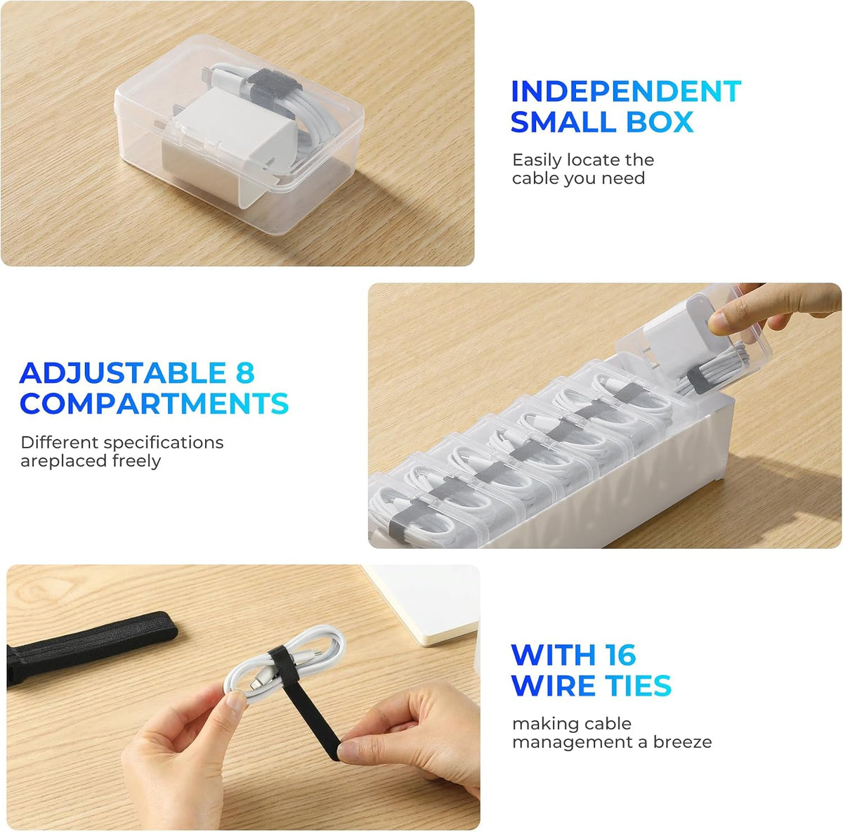Cable Organizer Storage Box 8 Larger Case Cable Box with Cable Straps and Label Stickers, Travel Cord Organizer for Charging Cables, USB Wires, Earphones – Drawer Organization for Home & Office