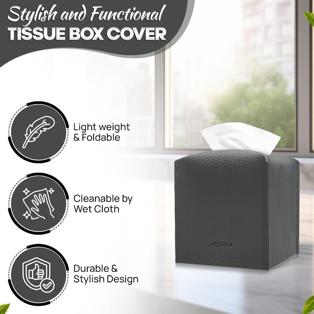 Tissue Box Cover Holder, PU Leather Tissue Box Cover Square with Bottom Belt, Cube Tissue Holder for Bathroom, Modern Organizer for Car, Office, Tabletop (Charcoal, 14 Leather Patterns)