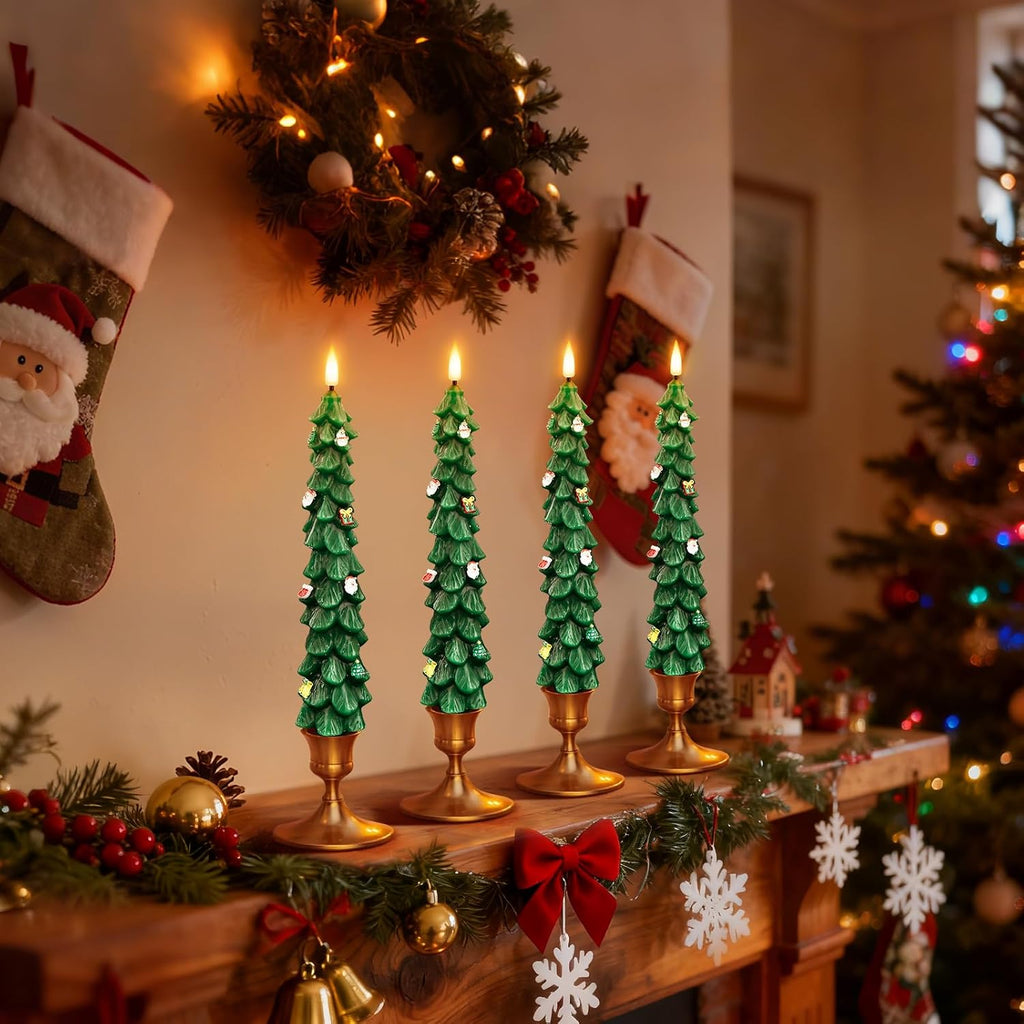 Flameless Christmas Tree Candles with Remote, 4 Pack 9.8” LED Battery Operated Taper Candles, Green 3D Sticker Flickering Candlesticks for Holiday Home Decoration