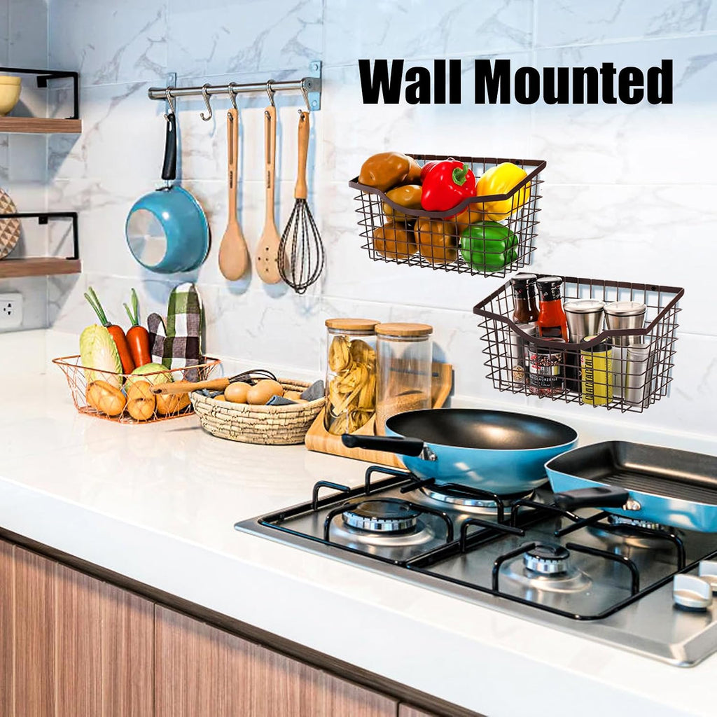 Nicunom 2 Pack Cabinet & Wall Mount Basket, Large Metal Wire Basket Wall Mount Hanging Basket Over Cabinet Door Organizer Bin Grid Storage Baskets for Home Kitchen Bathroom Pantry, Bronze