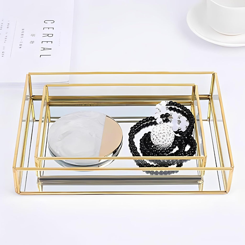 Sooyee Gold Square Mirror Tray, 8"x8" Metal and Glass Decorative Tray for Jewelry, Perfume, Makeup, Vanity, Dresser, Bathroom, Bedroom, Office, Coffee Table