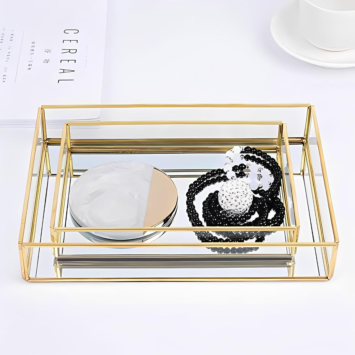 Sooyee Gold Square Mirror Tray, 8"x8" Metal and Glass Decorative Tray for Jewelry, Perfume, Makeup, Vanity, Dresser, Bathroom, Bedroom, Office, Coffee Table