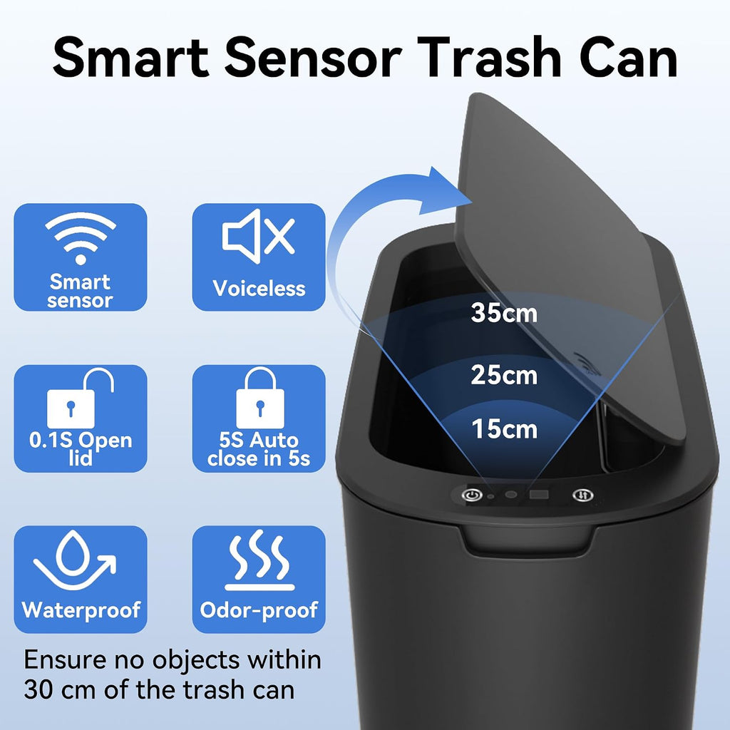 FRESHLIX 5 Gallon Bathroom Automatic Trash Can with Lid, Motion Sensor Touchless Trash Bin,Smart Electric Slim Waterproof Garbage Bin for Toilet, Office, Kitchen, Bedroom, Living Room (Black)