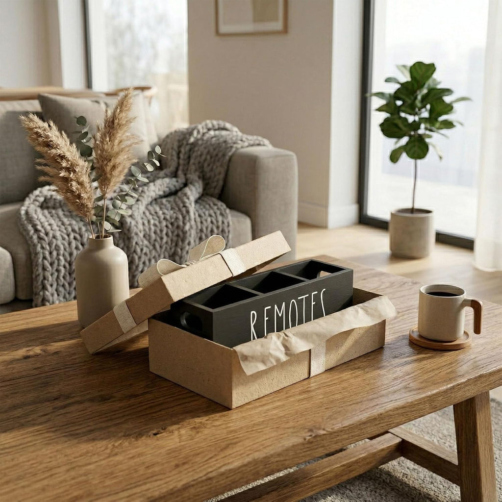 Remote Control Holder, Farmhouse Remote Storage Caddy, Bedside TV Controller Box, Rustic Wood Media Organizer Tray for Home Bedroom Table (Black)