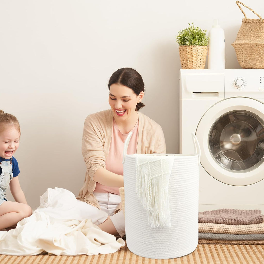 Woven Cotton Rope Laundry Basket, 15" x 20" Laundry Hamper, White