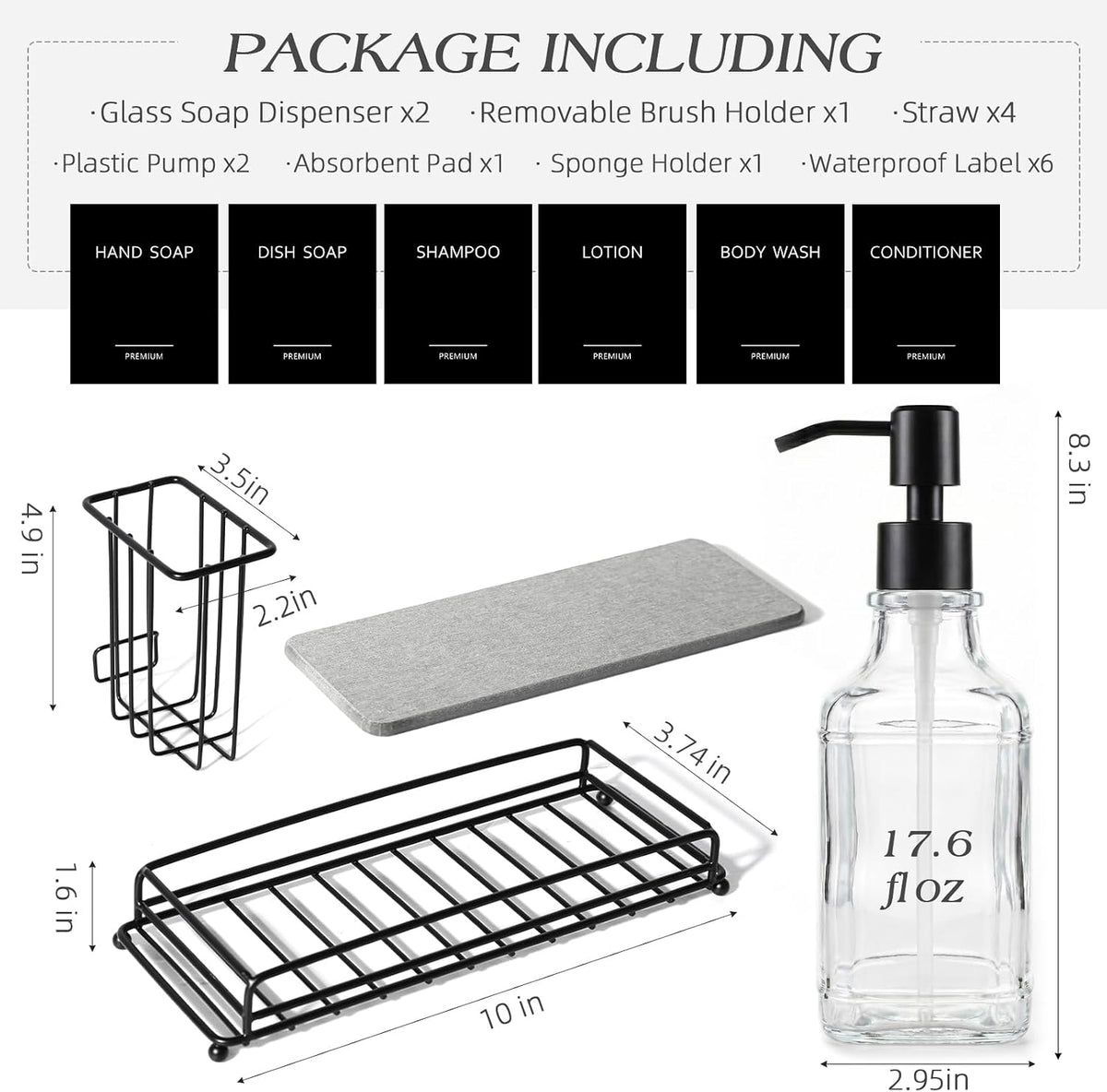 Kitchen Soap Dispenser Set, Hand and Dish Soap Dispenser Set with Sponge Holder, Dish Soap Dispenser with Instant Dry Tray for Kitchen, 17 fl oz Clear Glass Soap Dispenser with Pump