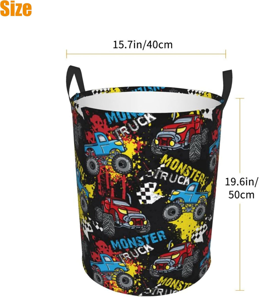 Laundry Basket Monster Truck Room Decor,Round Laundry Hamper Waterproof Dirty Clothes Hamper Collapsible Laundry Baskets With Handles,Toy/Clothes Storage Basket For Home Dorm Bathroom Decor