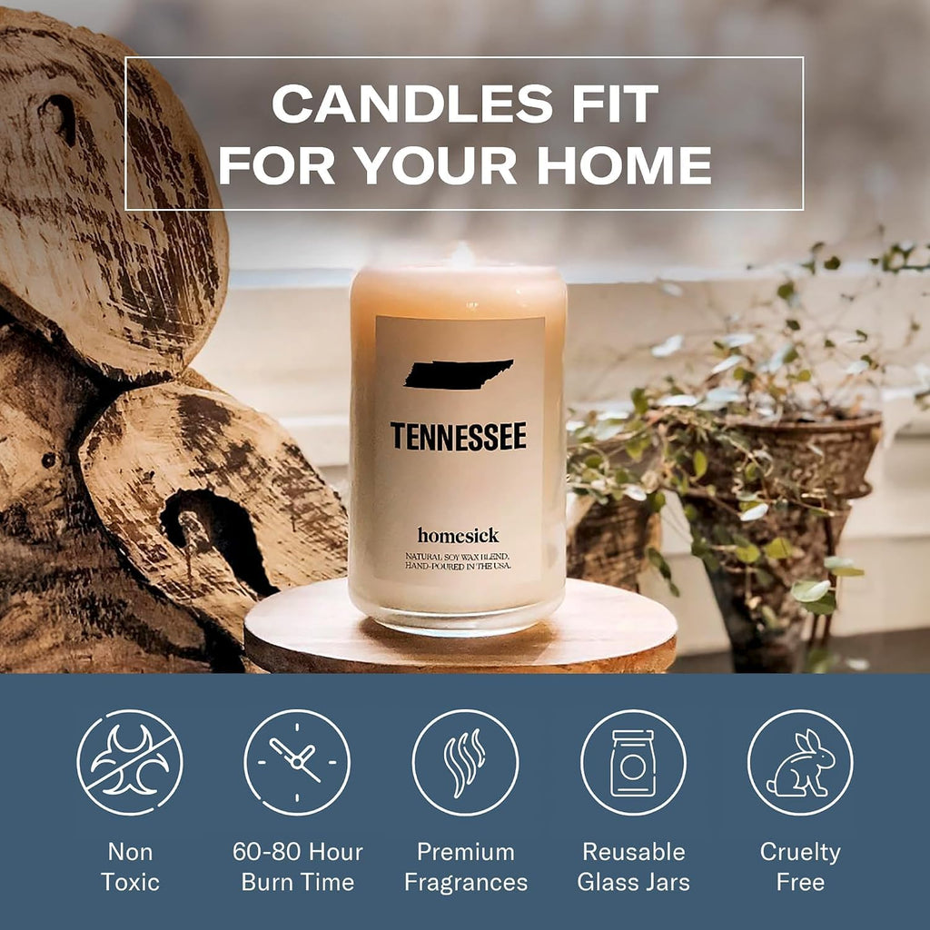 Homesick Scented Candles for Home (Tennessee) - 13.75 oz Long-Lasting Soy Wax Jar Candle for Women & Men for All Occasions, 60-80 Hours Burn Time - Notes of Patchouli, Sandalwood & Tonka Bean