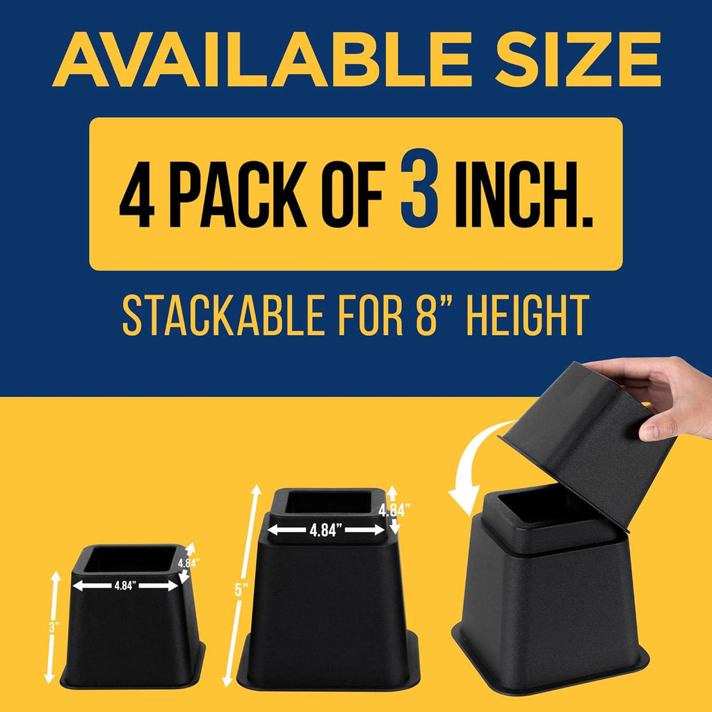 Lifemaster Furniture Riser Set - 4 Pieces Non-Slip Design Furniture Leg Riser fits with Bed, Chair, Table, Sofa, Desk, and Couches - Black