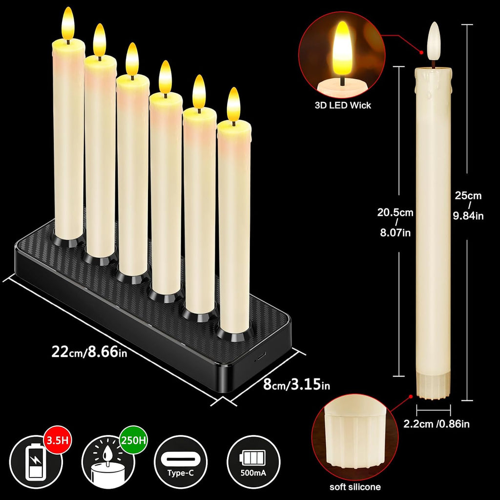 HL Rechargeable Flameless Taper Candles with Charging Base, 6 Pack LED Window Candles, Flickering Battery Operated with Remote Timer, Flameless Candlesticks for Halloween Christmas Decorations (Ivory)