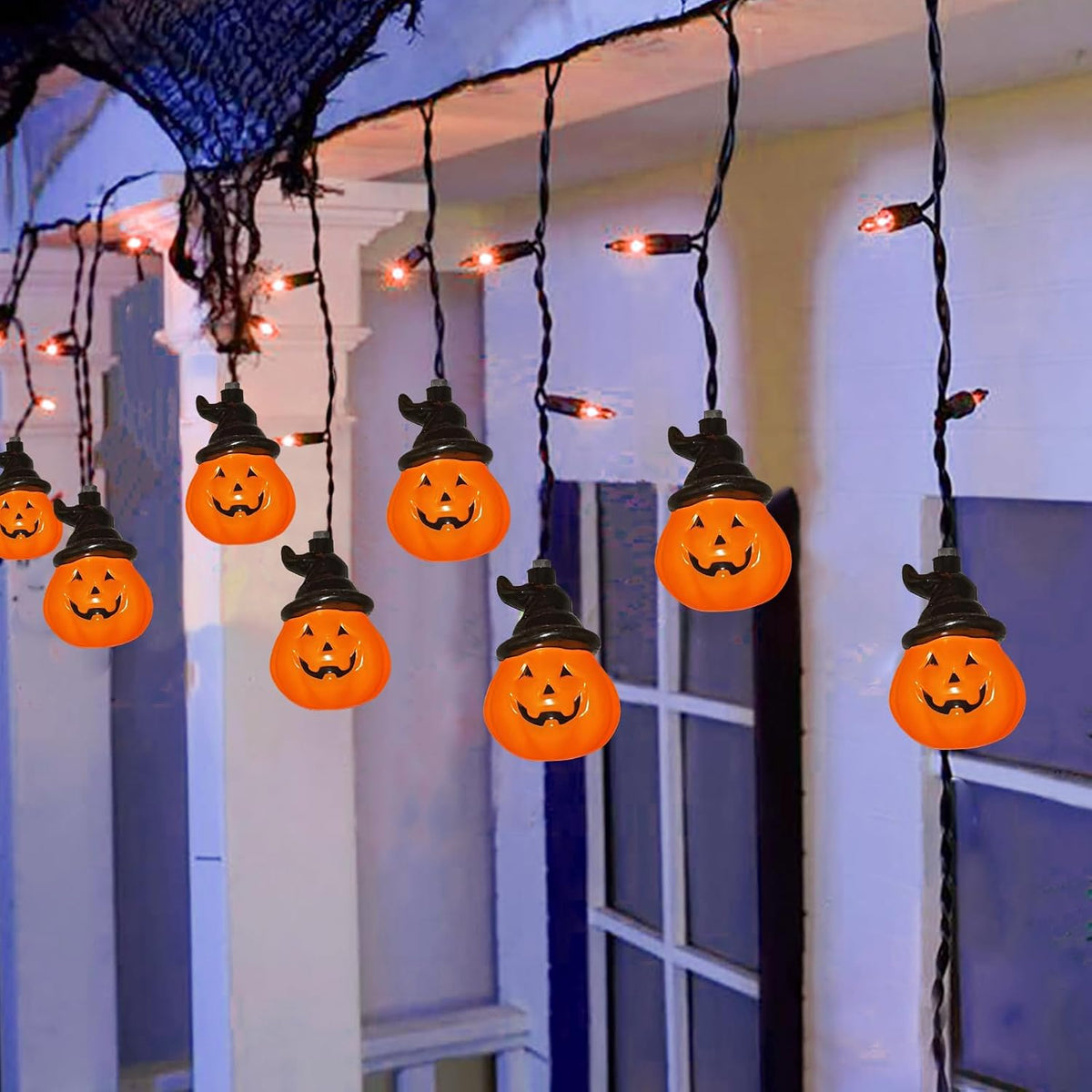 Halloween Curtain Pumpkin Hat Lights, 7Ft Hanging Halloween Decorative String Light with 10 Witch Hat Pumpkin Lights and 15 Mini Orange Bulbs UL Listed for Indoor Outdoor Party Porch Window Decor