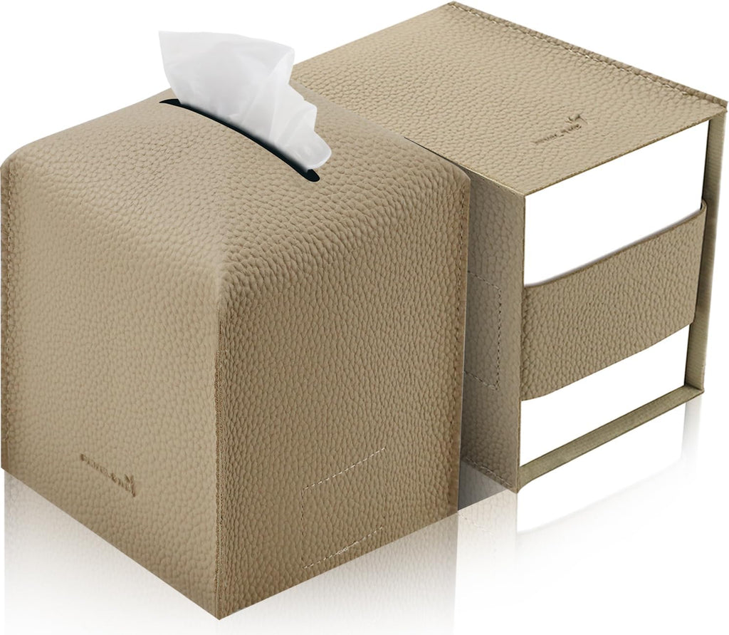 Tissue Box Cover 5X5X5'' PU Leather Tissue Holder Square Tissue Cube Box Organizer for Bathroom Vanity Countertop, Car, Night Stands, Office, Home, Kitchen (2Pack, Wood Apricot)