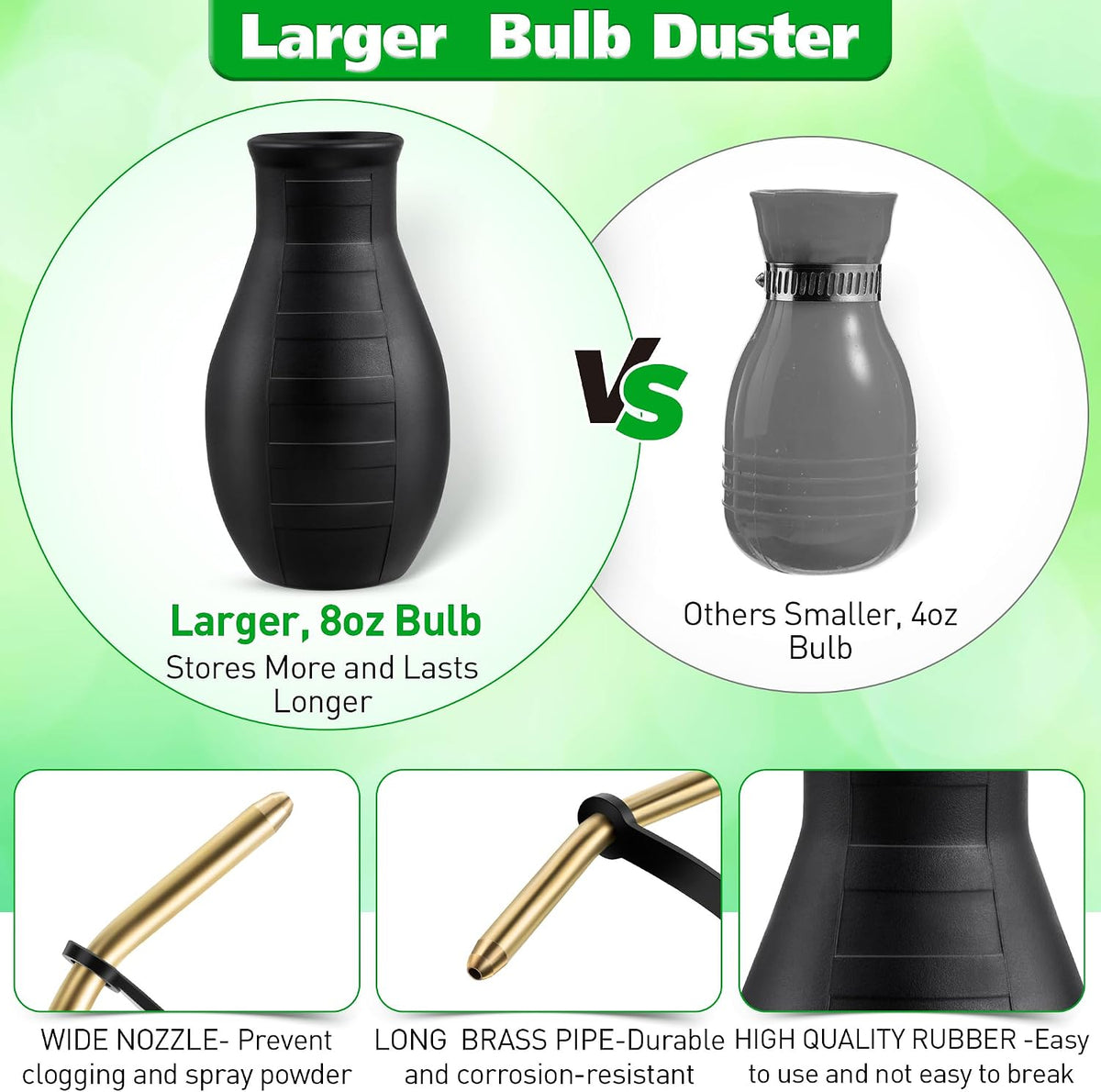 2 Pack Diatomaceous Earth Powder Duster, 8OZ Garden Powder Applicator Dispenser with Long Metal Tube, Bulb Duster Sprayer for Home Organic Gardening Agricultural Supply(Black)