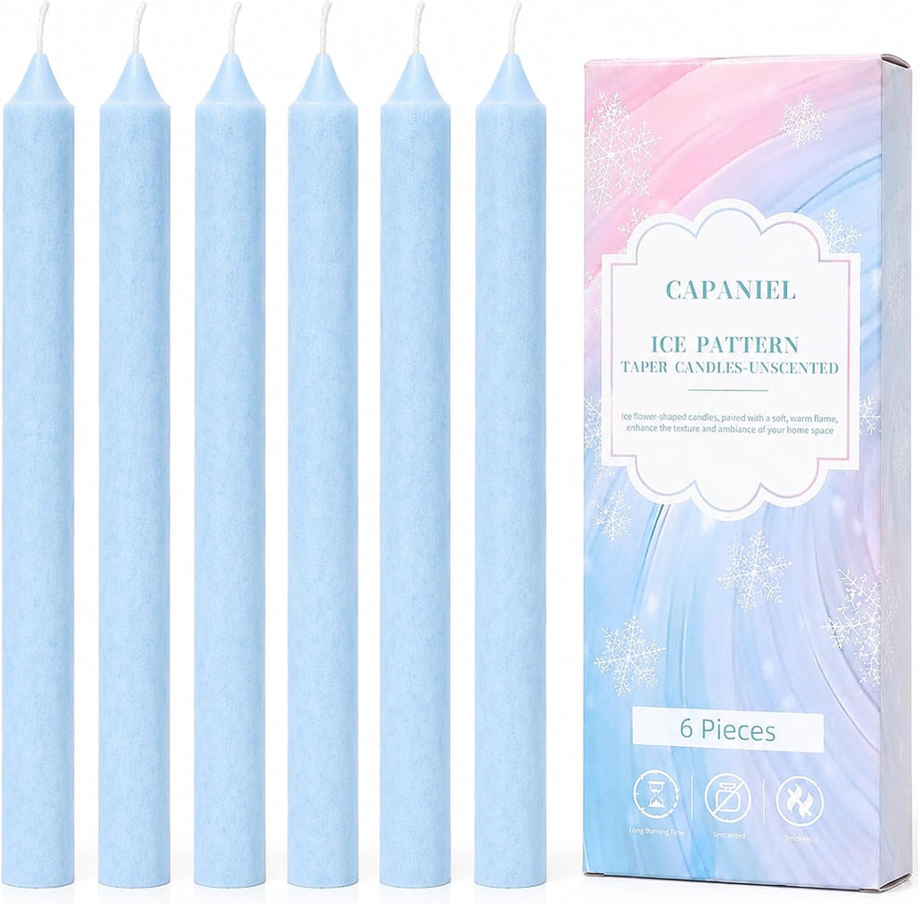 11-Hour Long Burning Ice Flower Taper Candles - 6 Pack 10 Inch Unscented Palm Wax Candlesticks - Natural Crystalline Texture, Smokeless & Dripless for Wedding, Dinner, Vigil, Blue