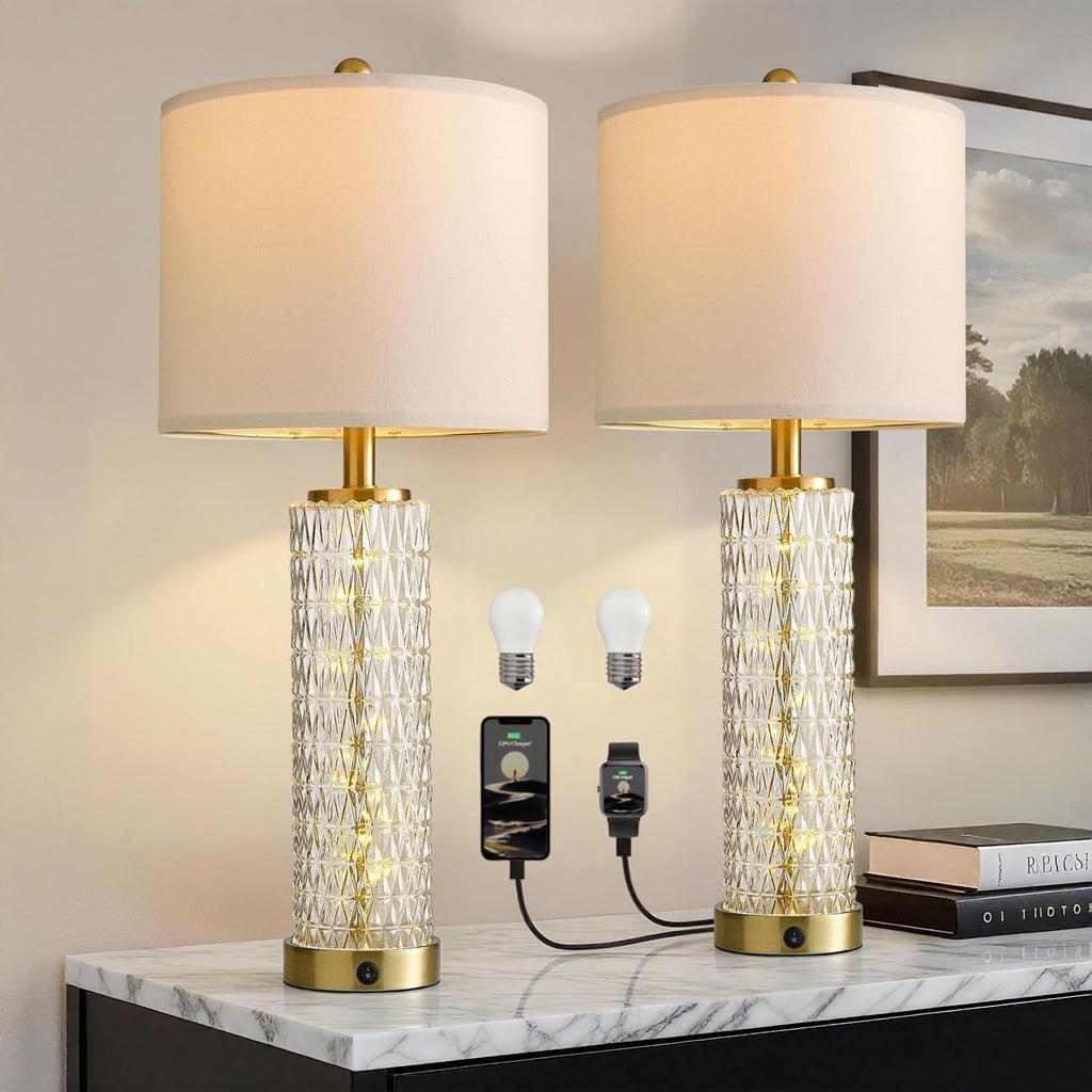 Oneach 27.75" Gold Table Lamps Set of 2 with Crystal Nightlight for Bedside