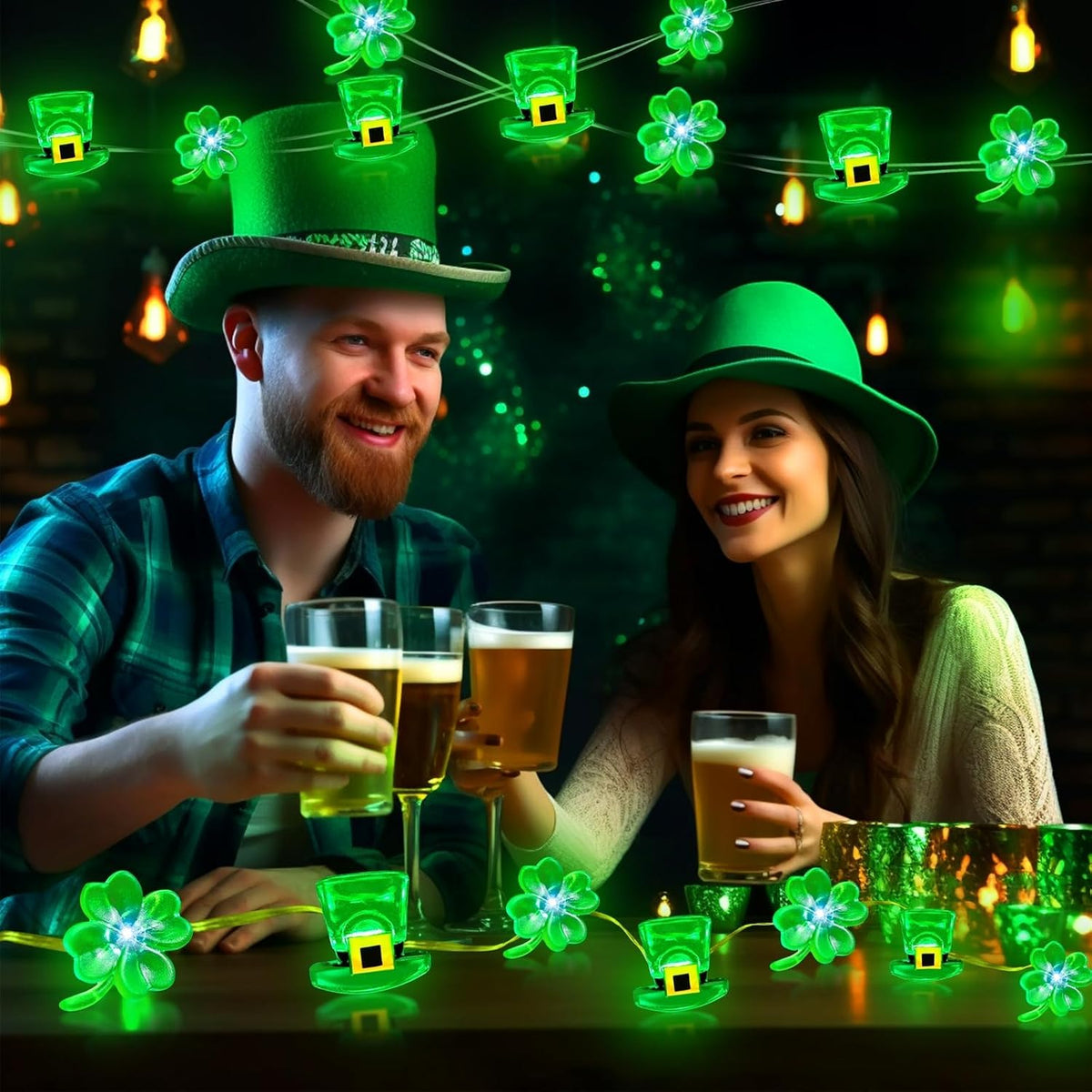 2 Pack St Patricks Day Decorations, Total 20FT 80LED Shamrocks Leprechaun Hat String Lights Timer Waterproof Lucky Clover Green Fairy Lights Battery Operated for St. Patrick's Day Decor Bedroom Party