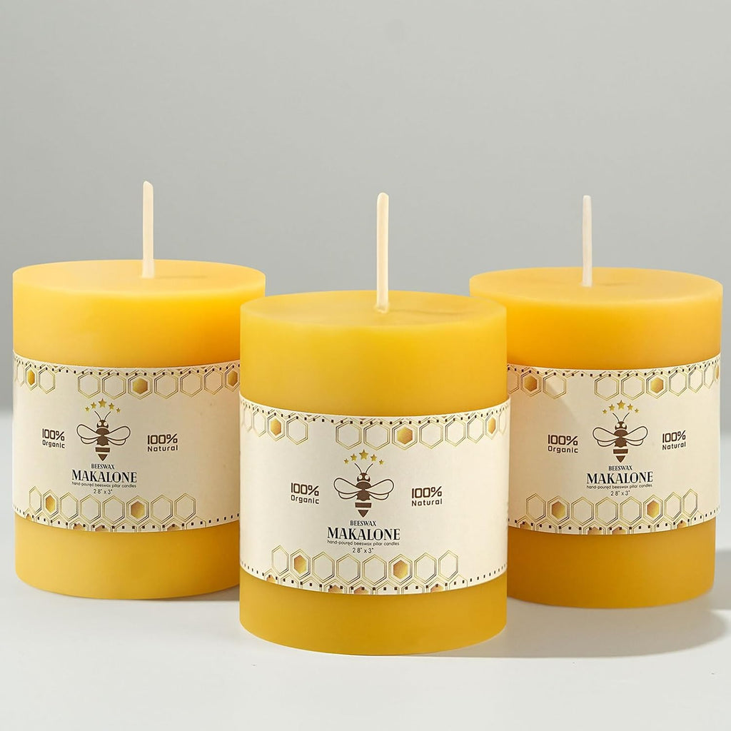 Natural Beeswax Pillar Candles,Non Toxic,2.8x3 inch,3 Pack,132 H Long Burn